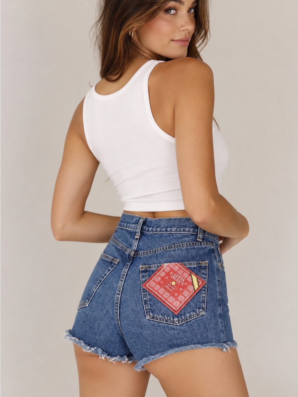 Guess 24” (US 00) Vintage Denim Button USA Patch Women Jeans Shorts (Vtg Sz 26)